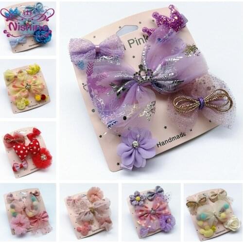 5pcs/lot Lovely Handmade Flowers Baby Hair Clips Shining Crown Bowknot Hairpins Princess Headwear Kids Accessories Birthday Gift