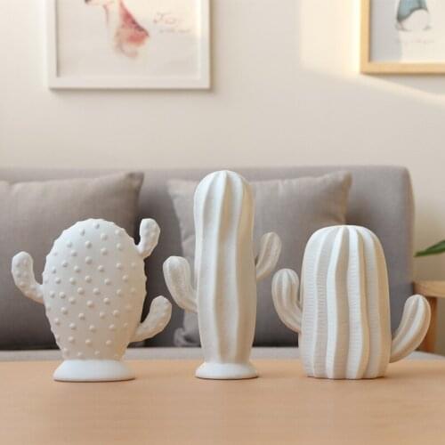 White Decorative Tabletop Cactus Matte Ceramic Big Succulent Figurine Statue Handmade Art Desk Ornament Nordic Home Office Decor
