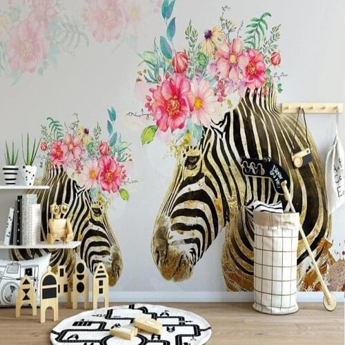 Photo Wallpaper Modern Hand Painted 3D Golden Zebra Nordic Floral Mural Childrens Bedroom Background Wall Decoration Painting
