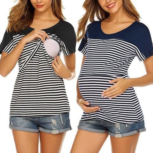 2021new Summer Pregnancy Clothes Women Maternity Short Sleeve Striped Layer Nursing T-shirt Top For Breastfeeding Женская Одежда