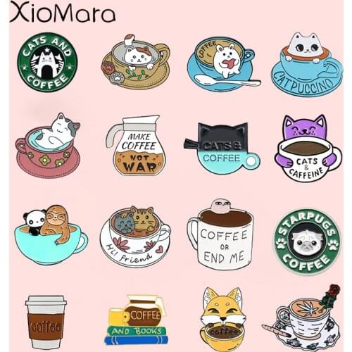 Custom Cats Coffee Theme Series Enamel Pins Cup Soft Brooches Cartoon Animal Badges Lapel Jewelry Gifts For Women Kids Wholesale