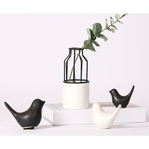 1 Set Ceramic Bird Figurine Dried Flower Vase Set Home Decor Modern Animal Statues Art Crafts Photo Props