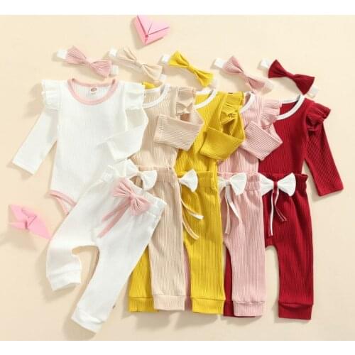 Baby Girls Tops and Trousers Suit Fresh Solid Color Long Sleeve Romper and Long Pants with Headband Spring Autumn