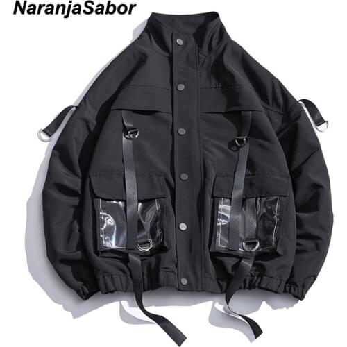 NaranjaSabor Mens Black Zipper Jacket Men Women Harajuku Big Pockets Jacket Couple Stand-up Collar Hip-Hop Loose Jackets N680