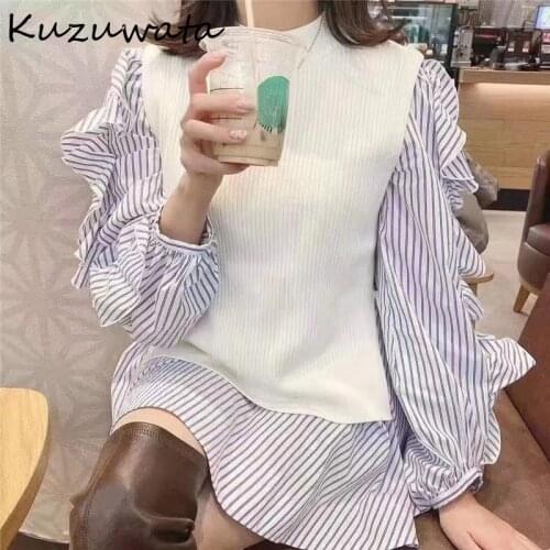Kuzuwata 2021 Autumn New Womens Clothing Temperament Drawstring Sweater Vest Long Sleeved Fungus Irregular Shirt Dresses Sets