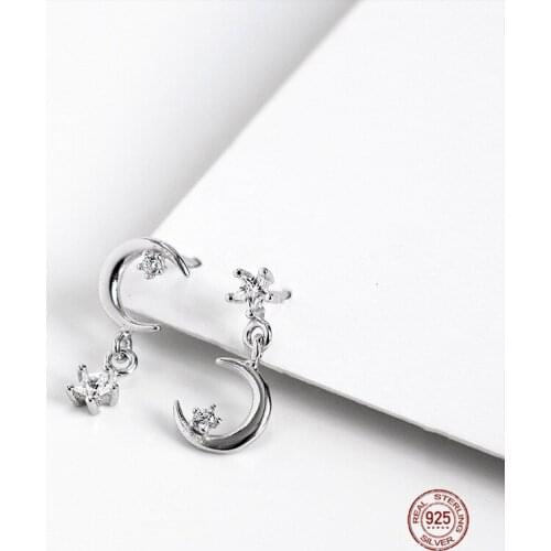 LKO 925 Sterling Silver Star Moon Asymmetry Stud Earrings Zircon Crystal Personality Earrings For Women Wedding Jewelry Gifts