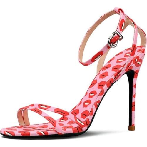 Moraima Snc Summer Open Toe High Heel Shoes Sexy Lip Printed Ankle Strap Woman Pumps Rome Style Cutouts Dress Heels