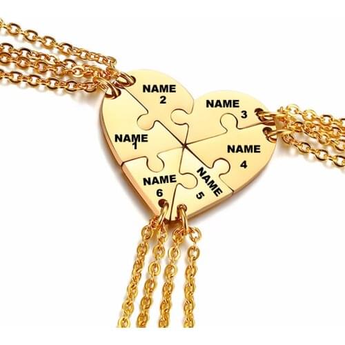 Custom Family Name Necklace Heart Puzzle Pendant Six Pieces Set Jewelry