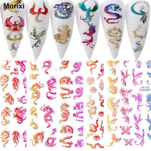 Morixi nail art sticker gradient rainbow colors dargon birds printing 3D manicure decoration self glue nail decals WG067