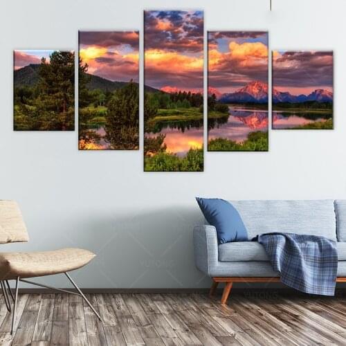 Wall Art Poster Canvas HD Print A Beautiful Sunset and River of Trees Pictures 5 Pieces Painting Living Home Room Decor