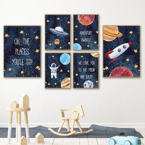 Baby Nursery Canvas Painting Wall Art Cartoon Astronaut Space Rocket Picture Kids Bedroom Decorative Poster Nodic Home Decor