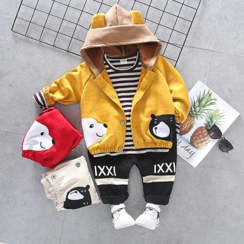 Autumn Winter Boys Baby 3PCS Hooded Casual Jacket + Long Sleeve Top + Trousers Set Children Warm Color Matching Suit For Kids