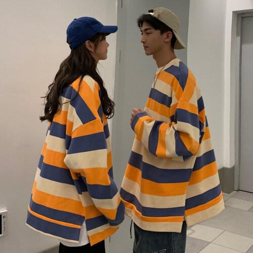Couple Clothing Men T Shirt Autumn Striped Long Sleeve O Neck Japan Style Hip Pop Love Loose Casual Korean Harajuku Vintage Top