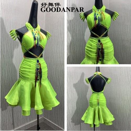 Latin dance dress for girls green latin dress Latin dance costume big open back beads tube sleeveless with bracelets