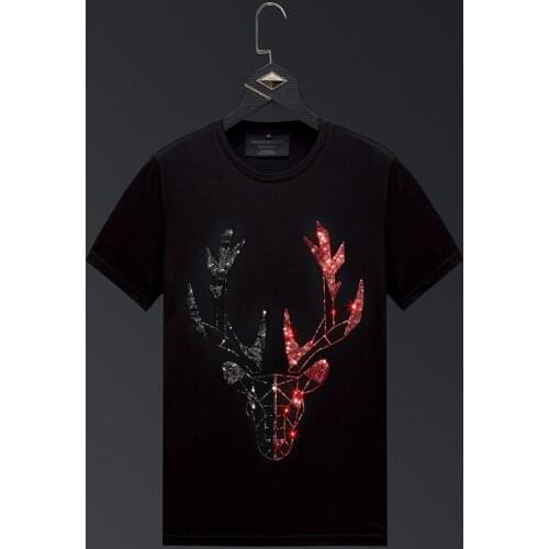 Plus Size 2021 Deer Rhinestones T Shirts Men Clothing Short Sleeve Summer Streetwear O Neck Slim Tshirts Camiseta Fashion Hombre