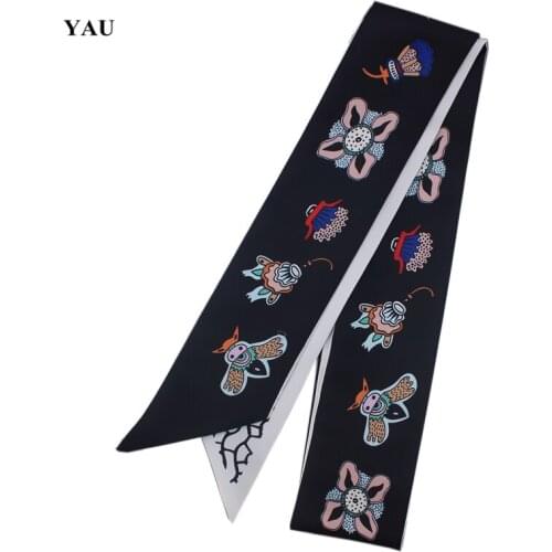 120cm*5cm Twill Silk Woman Scarves Small Long Cartoon Bees Printed Fashion Luxury Brand Scarf Female Ribbons Bag Accessories Tie