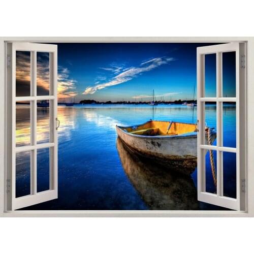 Nature Beach Water Sunset Boat Window Art Film Print Silk Poster Home Wall Decor 24x36inch