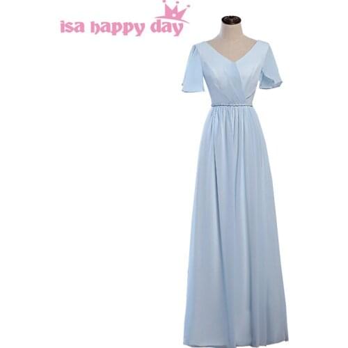 Light blue chiffon bridesmaids v neck bridesmaid women of the bride dresses under 100 new fashion 2020 dress for maid H4264