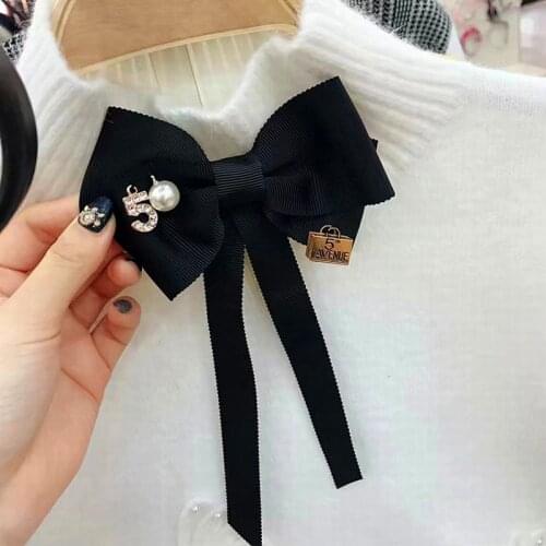 Simple Korean Girl College Style Sweet Tassel Big Bow Tie Brooch for Women Fashion Suit Cloth Shirt Collar Accessories