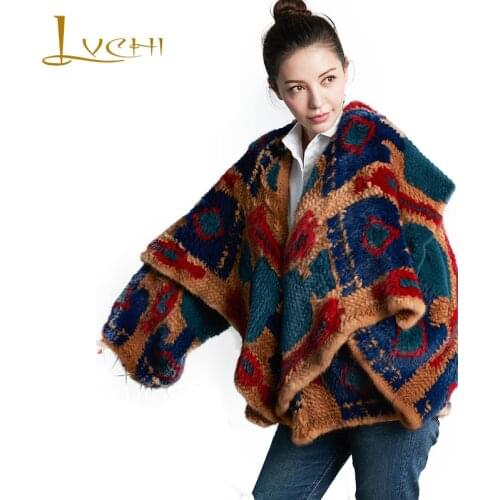 LVCHI 2019 new Indian style printing oversize Lapel loose cloak mink coat women jacket Patchwork colorful Short shawl Mink Coats