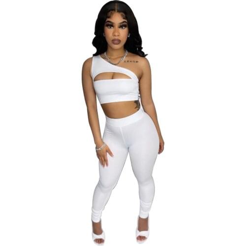 Tracksuits Women Casual Sportswear One Shoulder Hollow Out Tank Crop Top + Leggings Slim Two Piece Set Club Outfits Matching