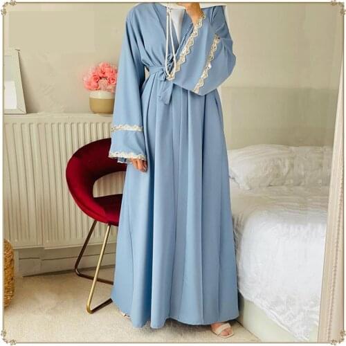 2021 Womens Dresses Muslim Stitching Lace Cardigan Robe Fashion Temperament Solid Color Robe Without Turban Islamic Dress