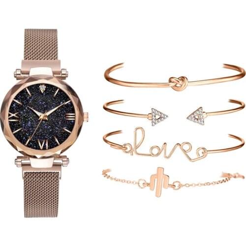 Luxury Brand Rose Gold Starry Sky Dial Watches Women Ladies Crystal Bracelet Quartz Wrist Watch 5 PCS Set
