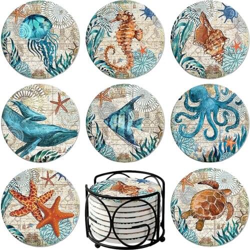 8PCS Sea Animal Pattern Heat-insulated Ceramic Coasters With Holder Tableware Mat Placemat Home Dining Room Housewarming Gift