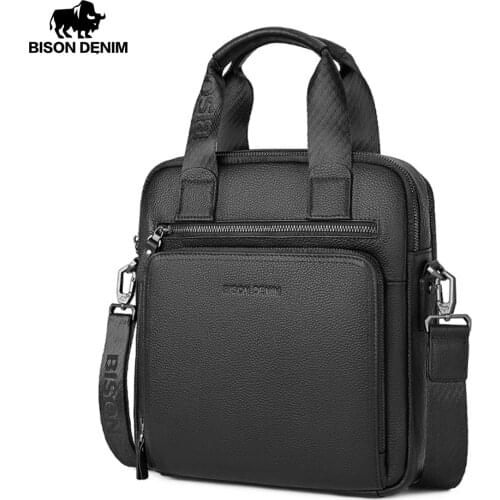 BISON DENIM Genuine Leather Mens Briefcase Business Handbag High Quality Shoulder Messenger ipad Laptop Bag Mens Tote N2333