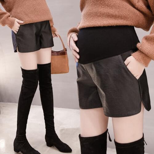 2020 Black PU Maternity Shorts Auutmn Winter Fashion Shorts for Pregnant Women Adjustable Belly Wide Leg Loose Pregnancy Shorts