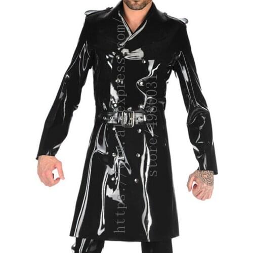 Made of 0.4mm thickness natural latex long coat black latex windbreaker mens slim trench coat