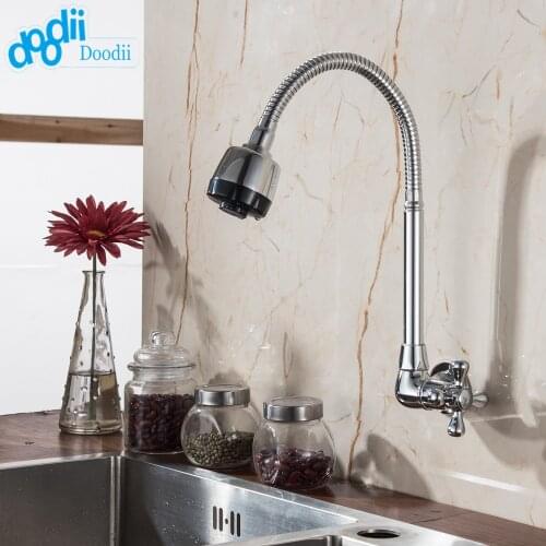 Doodii 360 Degree Rotatable Faucet High Quality Chrome Finish Swivel Spout Brass Kitchen Faucet Wall Mounted Cold Water Faucet