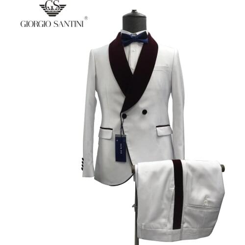 Double Breasted Suit Latest Coat Pant Designs White Floral Tuxedo Burgundy Lapel Party Dress Groom Suit Men Suit