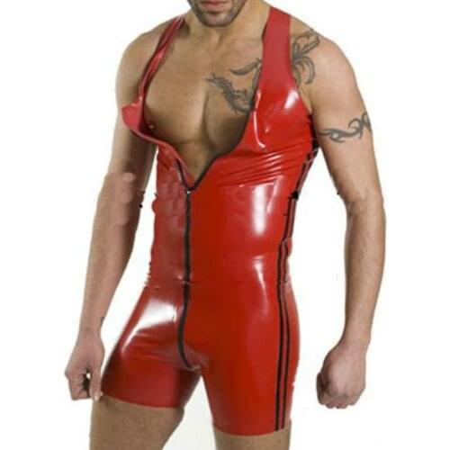 New Gay Men Costume Apparel Suit Men Wet Look Lingerie Red PVC Faux Leather Shorts Black Stripe Dew Shoulder Tight Jumpsuits
