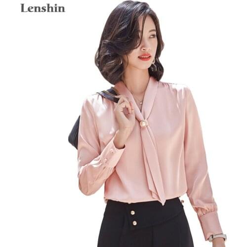 Lenshin Fashion elegant V-neck Blouse with Bow Work Wear Office Lady Female Tops Chemise Loose style