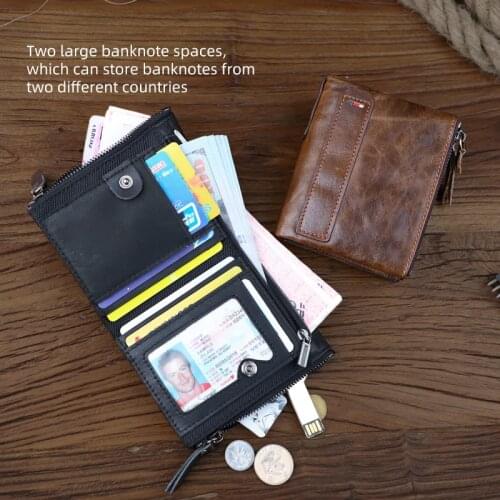 Anti NFC & RFID Genuine Leather Mens Wallet Handmade Soft Double Coin Zipper Pocket Multi-function Card Slots Short Wallet