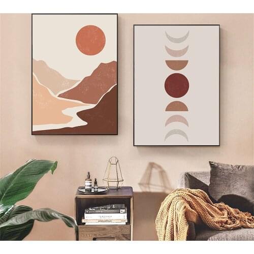 Boho Sun Moon Mountain Lake Wall Art Poster Landscape Art Print Abstract Canvas Painting Modern Pictures Living Room Home Decor