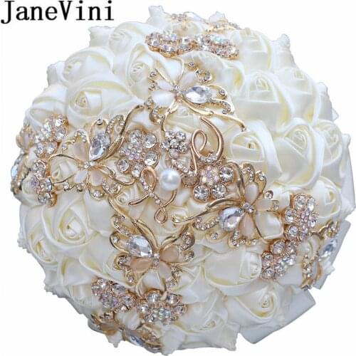 JaneVini Luxury Ivory Wedding Bouquet Crystal Bridal Bouquet Beaded Butterfly Decoration Mariage Gold Rhinestone Bride Flowers