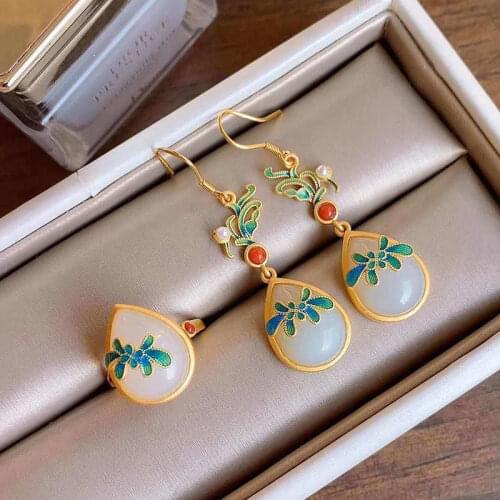 Silver natural Hotan white jade water drop ring eardrop jewelry set Chinese style retro enamel light luxury womens jewelry
