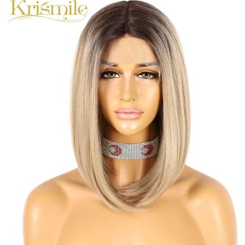Krismile Synthetic Short Bob Yaki Lace Wigs Ombre Brown for Women Daily Cosplay Heat Resistant Fiber Summer Hair 14inches