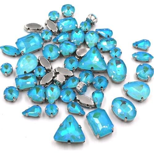 Wedding Decoration 50pcs/bag Sea blue AB Mocha Fluorescence Glass Crystal Stone Gold/Silver Claw Rhinestone Sew on Clothes/Shoe