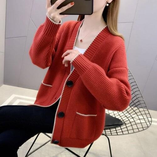 Korean Style Cardigan Women V Neck Knitted Sweater Coat Long Sleeve Tops Single Breasted Polka Casual Cardigans Red NS4817