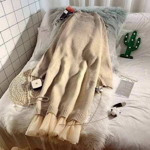 Sweater women long dress autumn and winter clothing 2021 fashion new fake two piece loose round neck long sleeve knitted dress