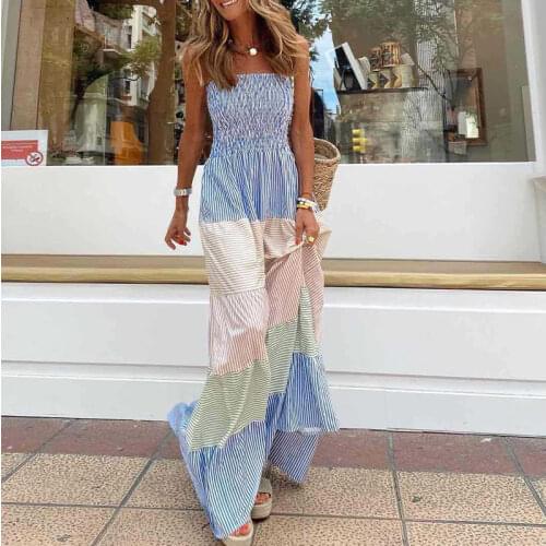 Pleated Sleeveless Women Maxi Beach Dress Summer Elegant Sling Stripe Bow A-line Dresses Female 2021 Fashion Lady Loose Clothes