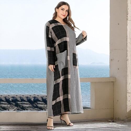 Women Spring V-neck Striped Dress Large Size Geometric Stitching Long Casual Loose Long-sleeved Dress Arab Clothing