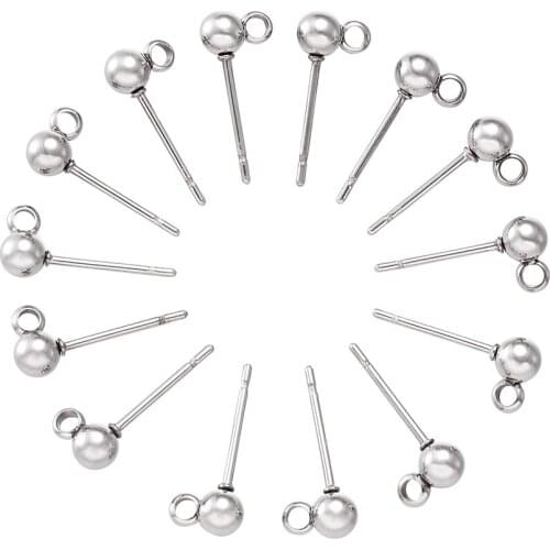 50pcs Stud Earring Findings Basic Needle with Loop Earring Posts for Jewelry DIY Accessories Stainless Steel Color 15x6x4mm