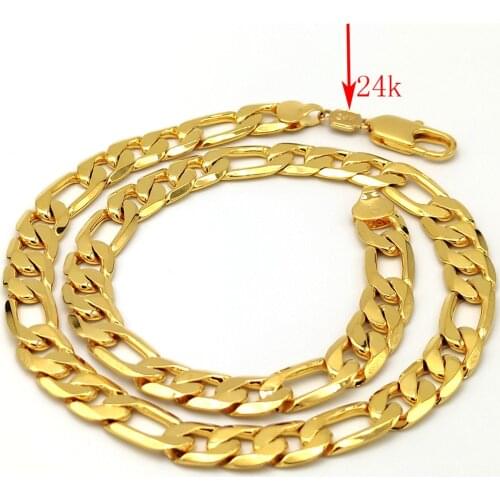 Solid Carat Gold GF Figaro Chain Link Necklace Lengths 12 mm Italian Link 60 CM Heavy Mens Hallmarked Yellow Fine Stamep 24 K