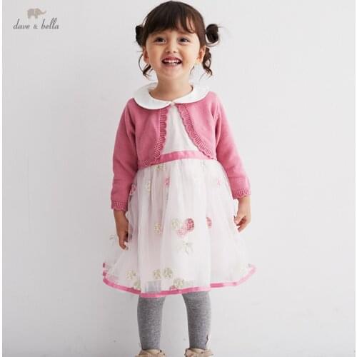 DBM19016 dave bella autumn baby girls cute embroidery sweater dress children fashion party dress kids infant lolita clothes