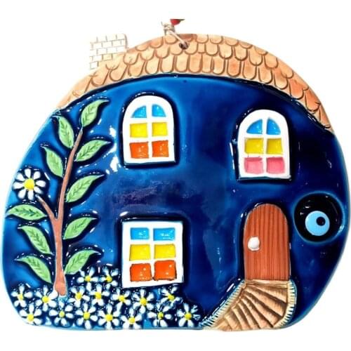 House with Ceramic Window and Tree, Evil Eye Beaded Handmade Wall Decoration Suitable for Indoor and Outdoor