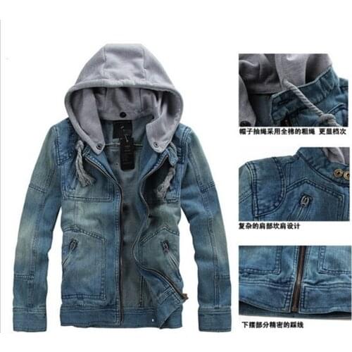 New Mens Denim Jacket Spring Autumn Hooded Washed Denim Jacket Long Sleeves Hip Hop Mens Jeans Jacket Cowboy Coats Man Clothing